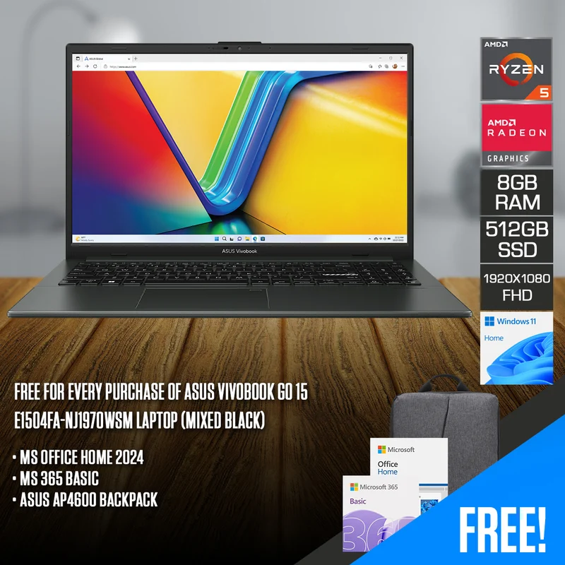 Asus Vivobook Go 15 E1504FA-NJ1970WSM Laptop (Mixed Black) | 15.6" FHD (1920x1080) | Ryzen 5 7520U | 8GB RAM | 512GB SSD | AMD Radeon Graphics | Windows 11 Home | MS Office Home 2024 + MS 365 Basic + Asus AP4600 Backpack