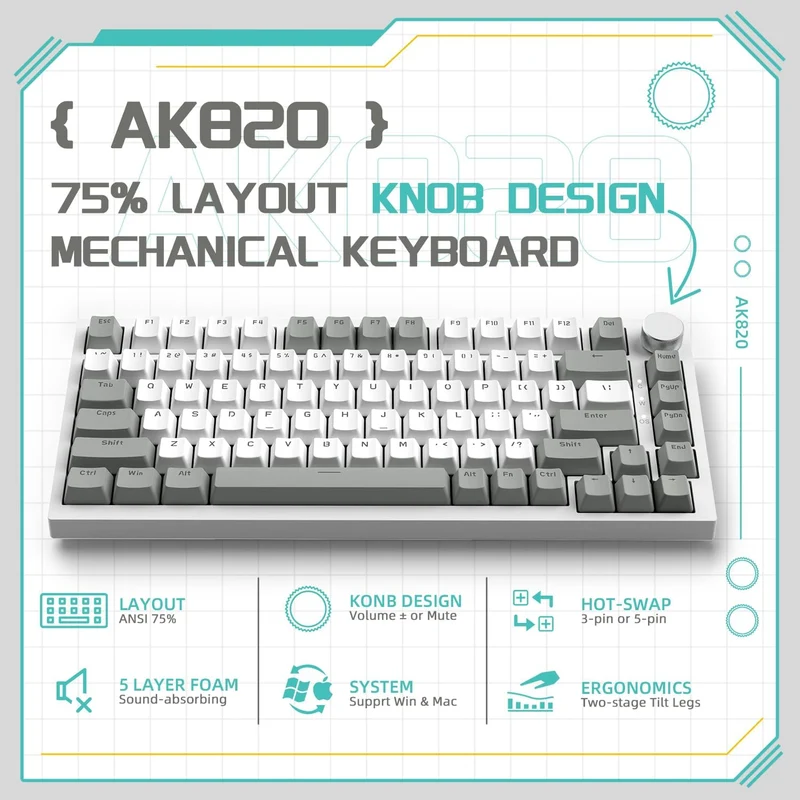 Ajazz AK820 White Backlit Wired 75% Hot-Swappable Mechanical Keyboard (Grey/White) (Red Switch)