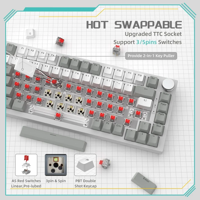 Ajazz AK820 White Backlit Wired 75% Hot-Swappable Mechanical Keyboard (Grey/White) (Red Switch)