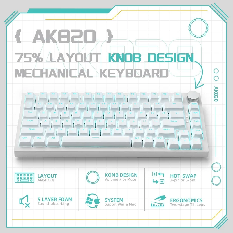 Ajazz AK820 White Backlit Wired 75% Hot-Swappable Mechanical Keyboard (White) (Blue Switch)