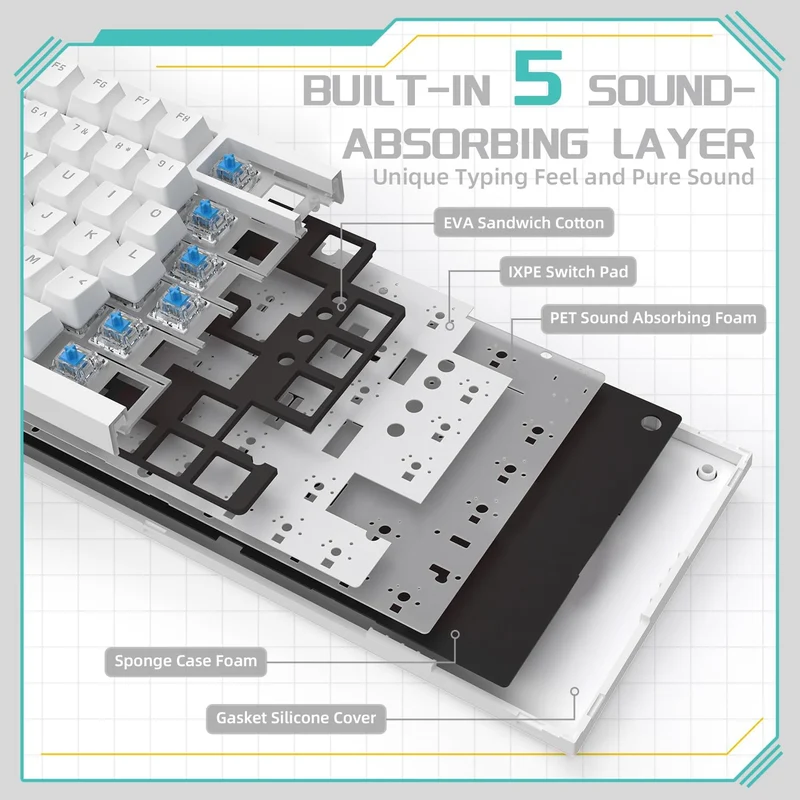 Ajazz AK820 White Backlit Wired 75% Hot-Swappable Mechanical Keyboard (White) (Blue Switch)