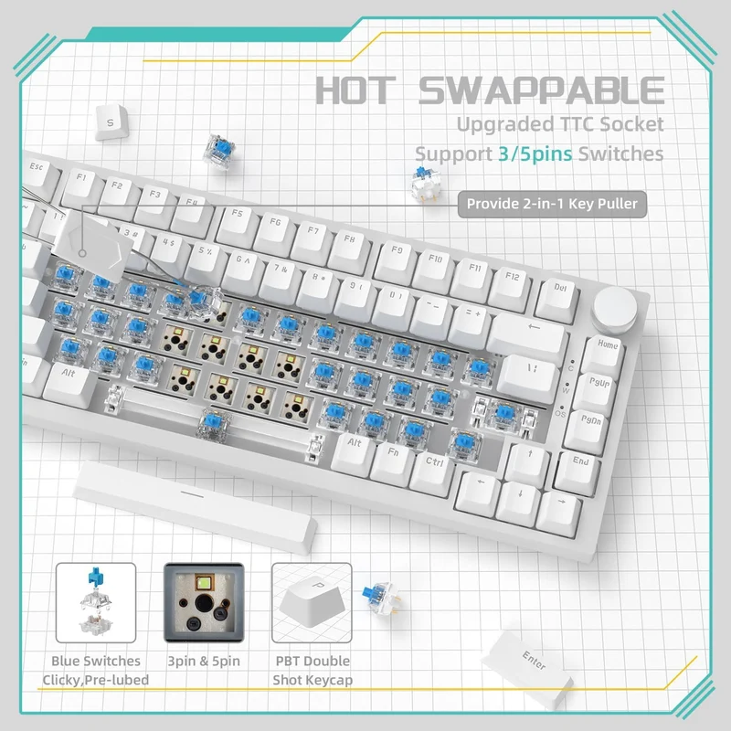Ajazz AK820 White Backlit Wired 75% Hot-Swappable Mechanical Keyboard (White) (Blue Switch)