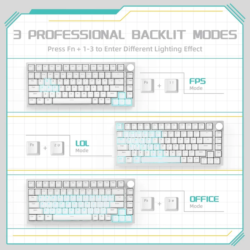 Ajazz AK820 White Backlit Wired 75% Hot-Swappable Mechanical Keyboard (White) (Blue Switch)
