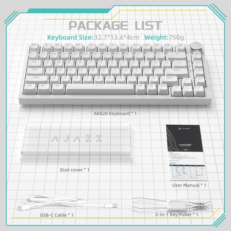 Ajazz AK820 White Backlit Wired 75% Hot-Swappable Mechanical Keyboard (White) (Blue Switch)