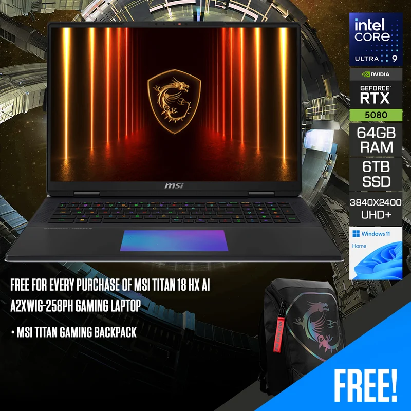 MSI Titan 18 HX AI A2XWIG-258PH Gaming Laptop | 18" UHD+ (3840x2400) MiniLED 120Hz IPS | Intel Core Ultra 9 285HX | 64GB RAM | 6TB SSD | RTX 5080 16GB | Windows 11 Home | MSI Titan Gaming Backpack