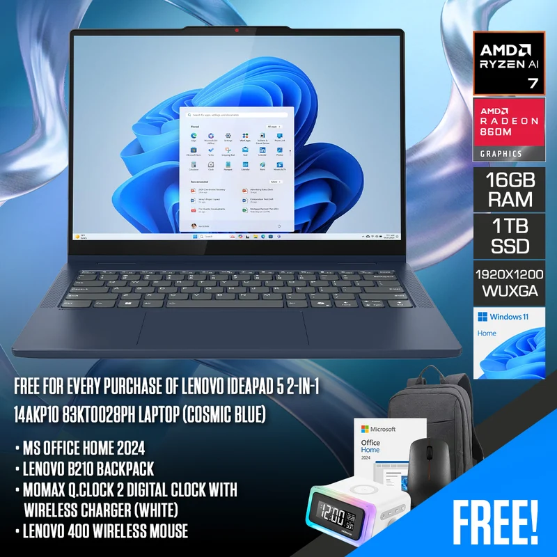 Lenovo IdeaPad 5 2-in-1 14AKP10 83KT0028PH Laptop (Cosmic Blue) | 14" WUXGA (1920x1200) IPS | Ryzen AI 7 350 |16GB RAM|1TB SSD|AMD Radeon 860M Graphics|Win 11 Home|MS Office 2024 + Lenovo B210 Backpack + Momax Q.Clock 2 (White) + Lenovo 400 Wireless Mouse