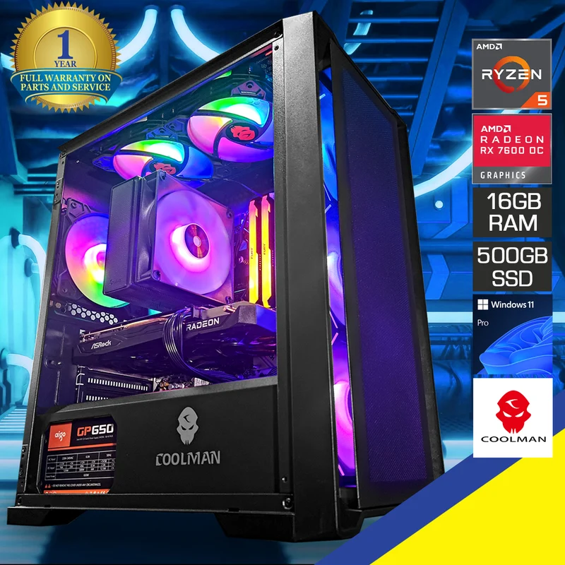 Alpha Ruby Black Desktop Gaming PC | AMD Ryzen 5 5500 | 16GB RAM | 500GB SSD | RX 7600 OC | Windows 11 Pro