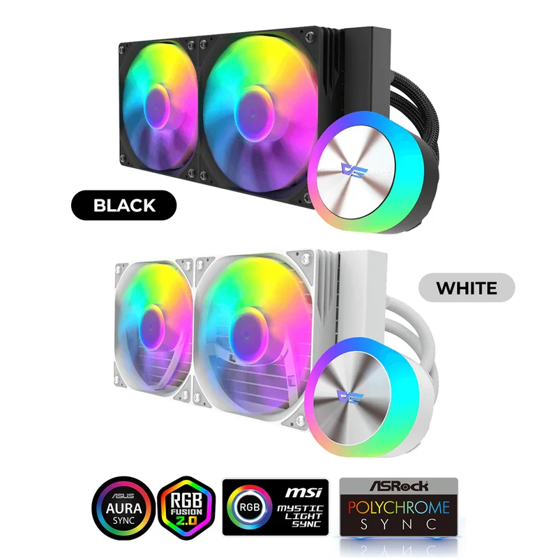 DarkFlash AquaGlow DG240 ARGB AIO 240mm Liquid CPU Cooler (Black, White)