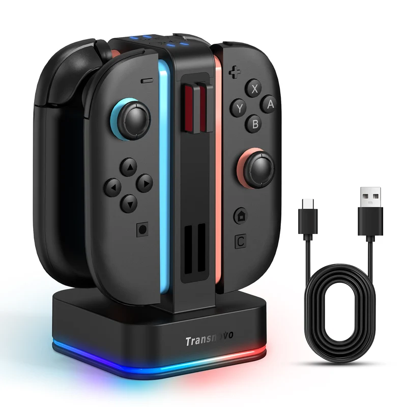 Transnovo 4-in-1 Square RGB Charging Station with 8 Game Card Storage Slot for Nintendo Switch 2 Joy-Pad (Black) (NS2-CG02)
