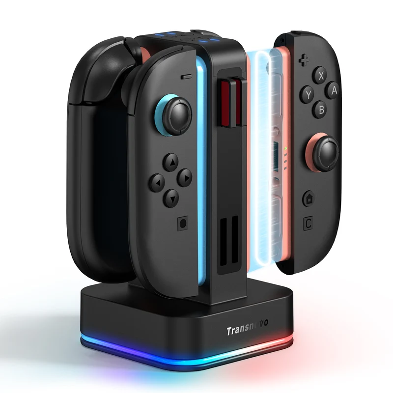 Transnovo 4-in-1 Square RGB Charging Station with 8 Game Card Storage Slot for Nintendo Switch 2 Joy-Pad (Black) (NS2-CG02)