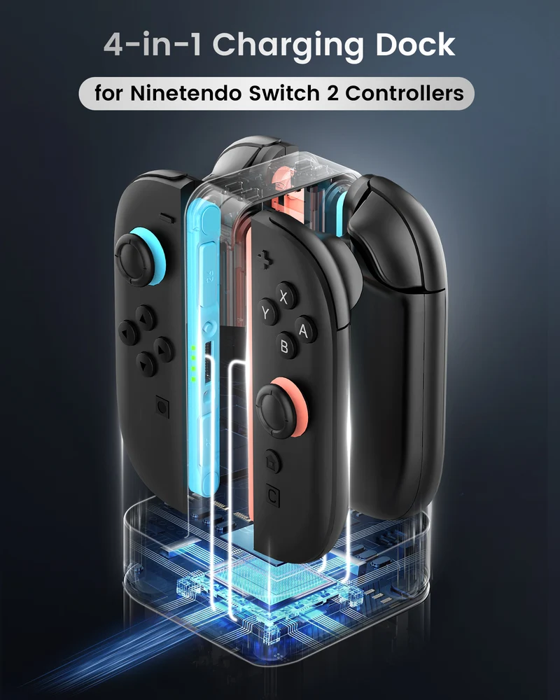 Transnovo 4-in-1 Square RGB Charging Station with 8 Game Card Storage Slot for Nintendo Switch 2 Joy-Pad (Black) (NS2-CG02)