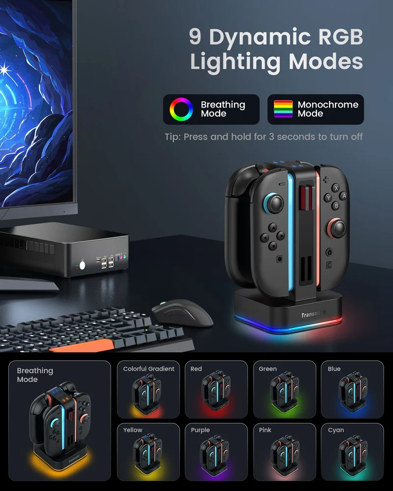 Transnovo 4-in-1 Square RGB Charging Station with 8 Game Card Storage Slot for Nintendo Switch 2 Joy-Pad (Black) (NS2-CG02)