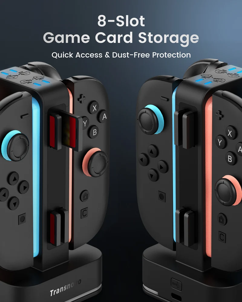 Transnovo 4-in-1 Square RGB Charging Station with 8 Game Card Storage Slot for Nintendo Switch 2 Joy-Pad (Black) (NS2-CG02)