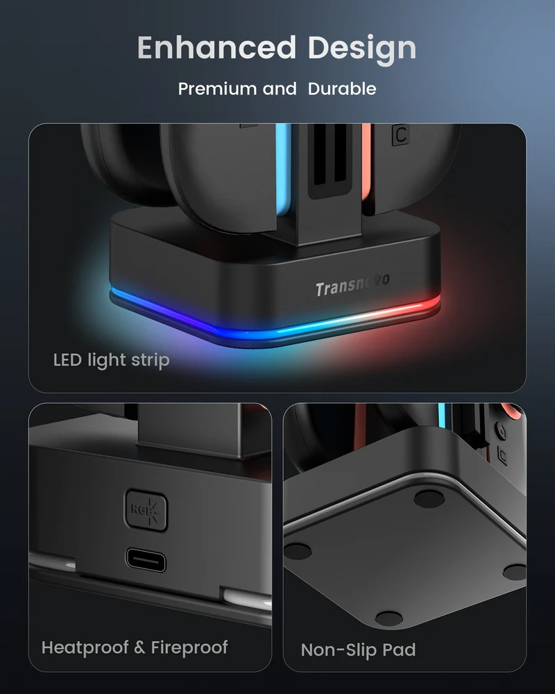 Transnovo 4-in-1 Square RGB Charging Station with 8 Game Card Storage Slot for Nintendo Switch 2 Joy-Pad (Black) (NS2-CG02)