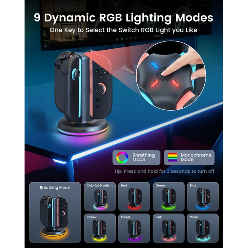 Transnovo 4-in-1 Cylindrical Charging Station with RGB Light for Nintendo Switch 2 Joy-Pad (Black) (NS2-CG01)