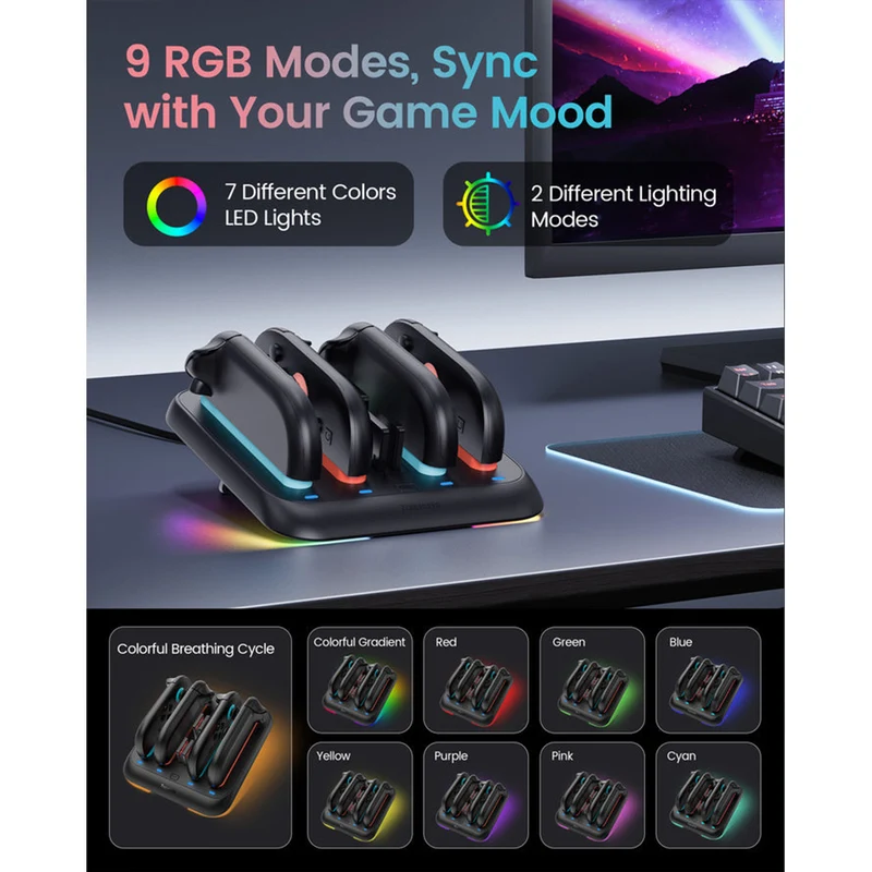 Transnovo Adjustable Stand 4-in-1 Charging Station with RGB Light for Nintendo Switch 2 Joy-Pad (NS2-CG03)