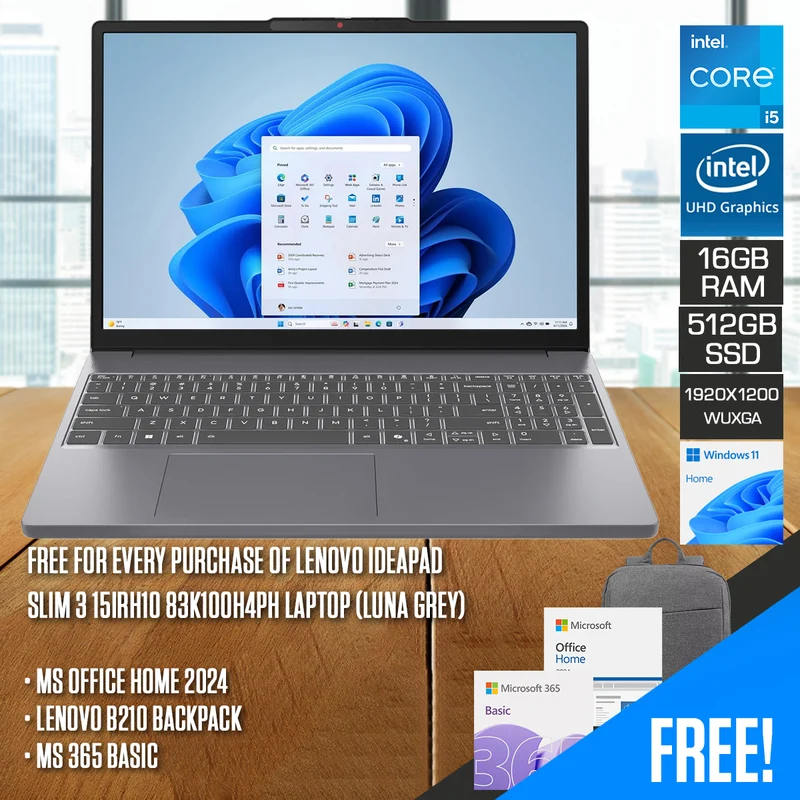 Lenovo IdeaPad Slim 3 15IRH10 83K100H4PH Laptop (Luna Grey) | 15.3" WUXGA (1920x1200) IPS | Core i5-13420H | 16GB RAM | 512GB SSD | Intel UHD Graphics | Windows 11 Home | MS Office Home 2024 + MS 365 Basic + Lenovo B210 Backpack