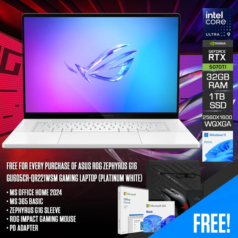 Asus ROG Zephyrus G16 GU605CR-QR221WSM Gaming Laptop (Platinum White) | 16" 2.5K (2560x1600) OLED 240Hz | Core Ultra 9-285H | 32GB RAM | 1TB SSD | RTX 5070 Ti | Win 11 Home | MS Office Home 2024 + MS 365 Basic + Sleeve + Impact Gaming Mouse + PD Adapter