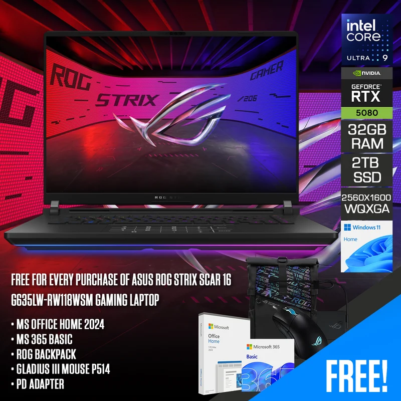 Asus ROG Strix Scar 16 G635LW-RW118WSM Gaming Laptop | 16" 2.5K (2560x1600) Mini LED 240Hz | Core Ultra 9 275HX | 32GB RAM | 2TB SSD | RTX 5080 | Windows 11 Home | MS Office Home 2024 + MS 365 Basic + ROG Backpack + Gladius III Mouse P514 + PD Adapter