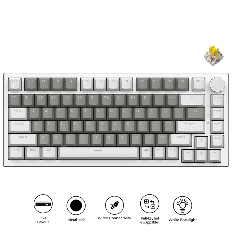 Ajazz AK820 White Backlit Wired 75% Hot-Swappable Mechanical Keyboard (White/Grey) (Mille Feuille Yellow Switch)