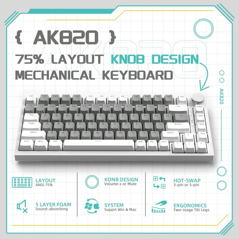 Ajazz AK820 White Backlit Wired 75% Hot-Swappable Mechanical Keyboard (White/Grey) (Mille Feuille Yellow Switch)