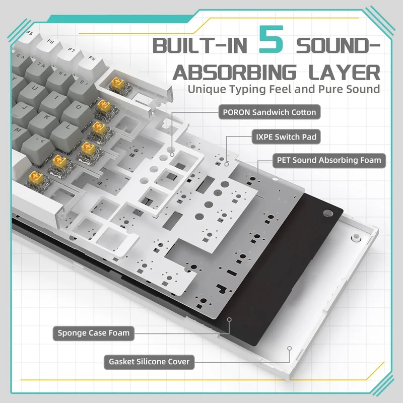 Ajazz AK820 White Backlit Wired 75% Hot-Swappable Mechanical Keyboard (White/Grey) (Mille Feuille Yellow Switch)
