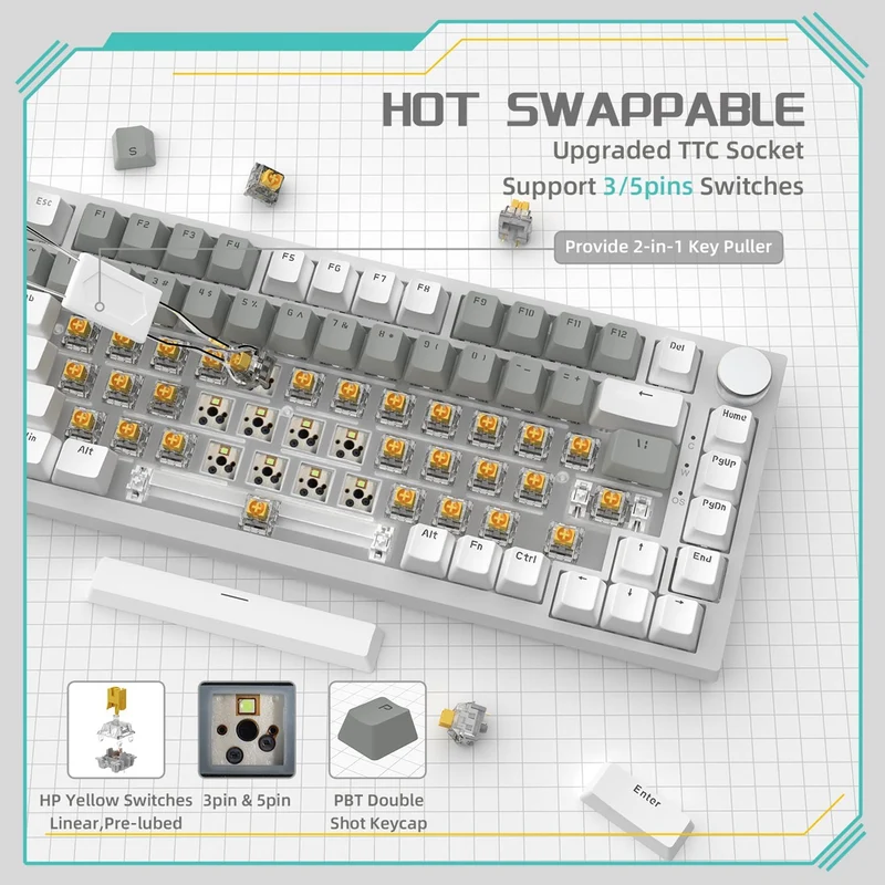 Ajazz AK820 White Backlit Wired 75% Hot-Swappable Mechanical Keyboard (White/Grey) (Mille Feuille Yellow Switch)