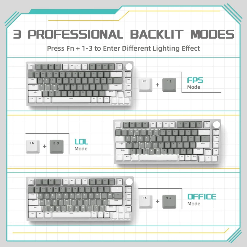 Ajazz AK820 White Backlit Wired 75% Hot-Swappable Mechanical Keyboard (White/Grey) (Mille Feuille Yellow Switch)
