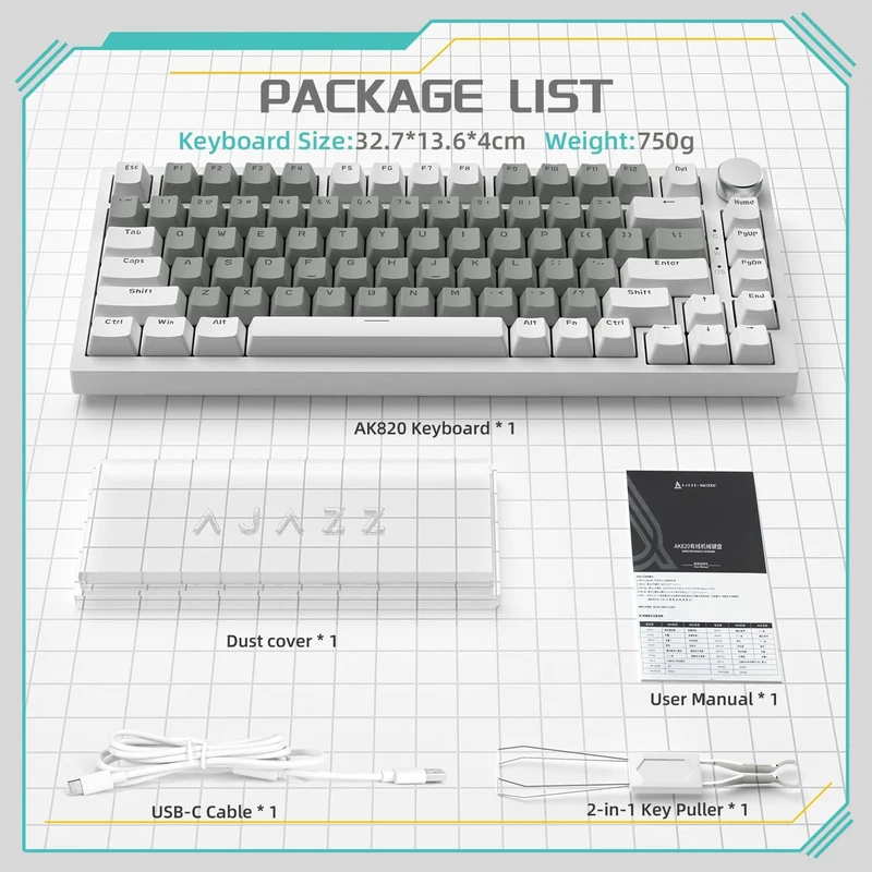 Ajazz AK820 White Backlit Wired 75% Hot-Swappable Mechanical Keyboard (White/Grey) (Mille Feuille Yellow Switch)