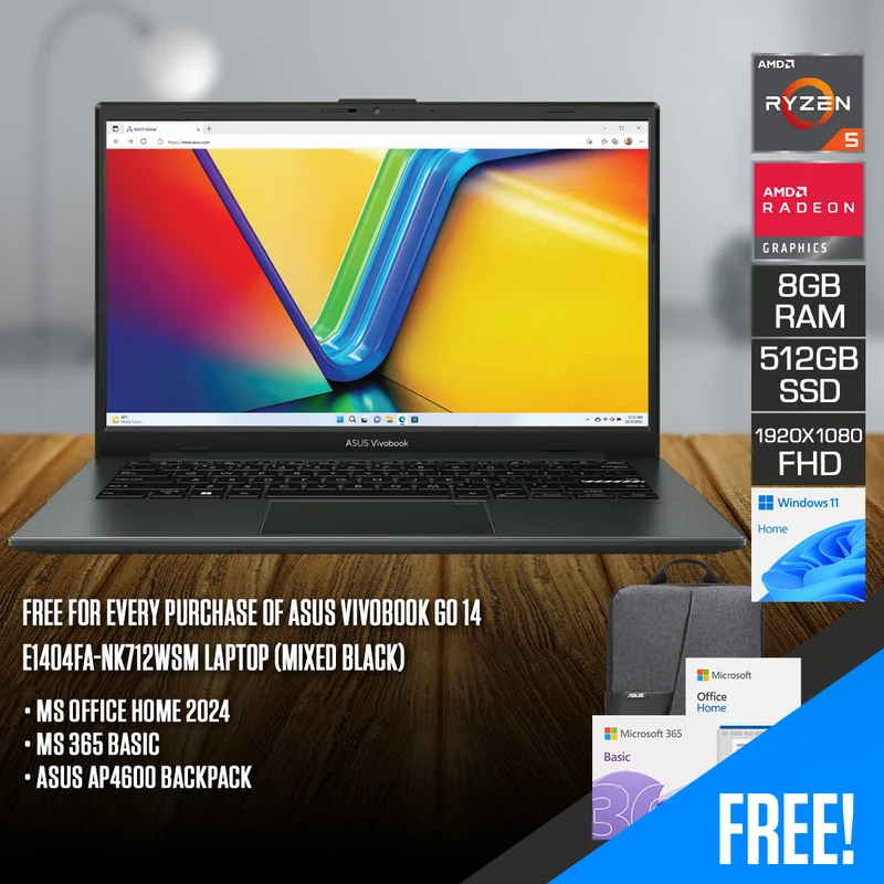 Asus Vivobook Go 14 E1404FA-NK712WSM Laptop (Mixed Black) | 14" FHD (1920x1080) | Ryzen 5 7520U | 8GB RAM | 512GB SSD | AMD Radeon Graphics | Windows 11 Home | MS Office Home 2024 + MS 365 Basic + Asus AP4600 Backpack