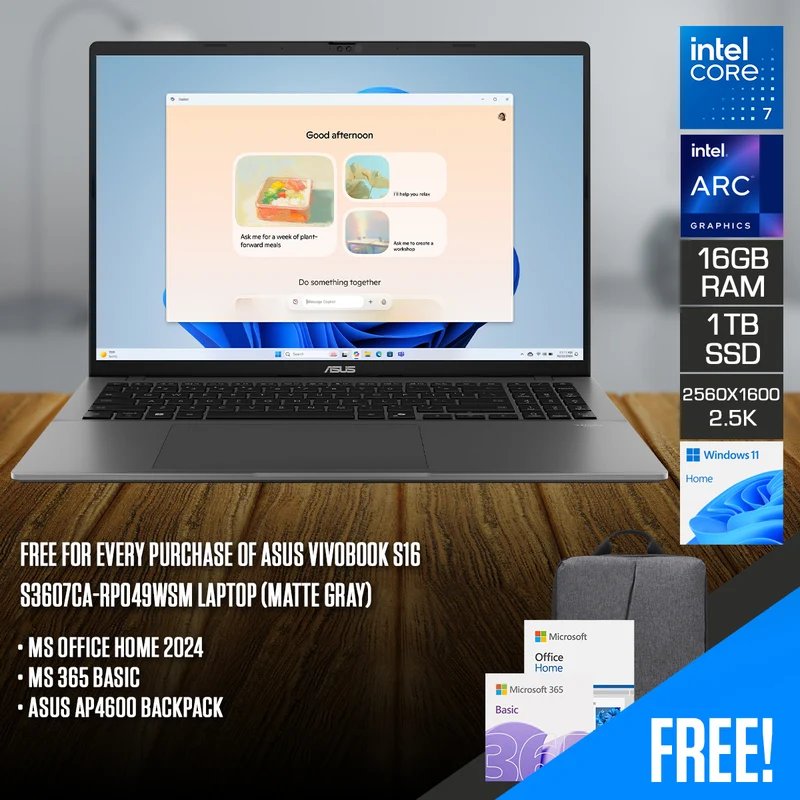 Asus Vivobook S16 S3607CA-RP049WSM Laptop (Matte Gray) | 16" WUXGA (1920x1200) 144Hz IPS | Core 7 255H | 16GB RAM | 1TB SSD | Intel Arc Graphics | Windows 11 Home | MS Office Home 2024 + MS 365 Basic + Asus AP4600 Backpack