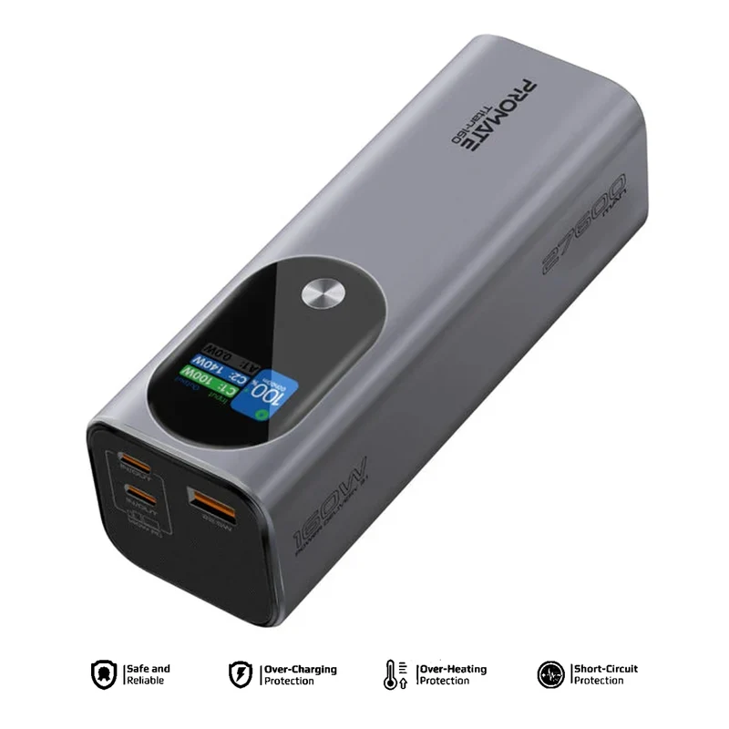 Promate Titan-160 27600mAh Ultra-Compact 160W Multi-Port PD 3.1 Power Bank with TFT LCD Screen