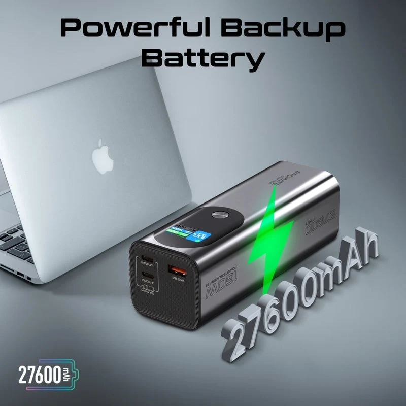 Promate Titan-160 27600mAh Ultra-Compact 160W Multi-Port PD 3.1 Power Bank with TFT LCD Screen