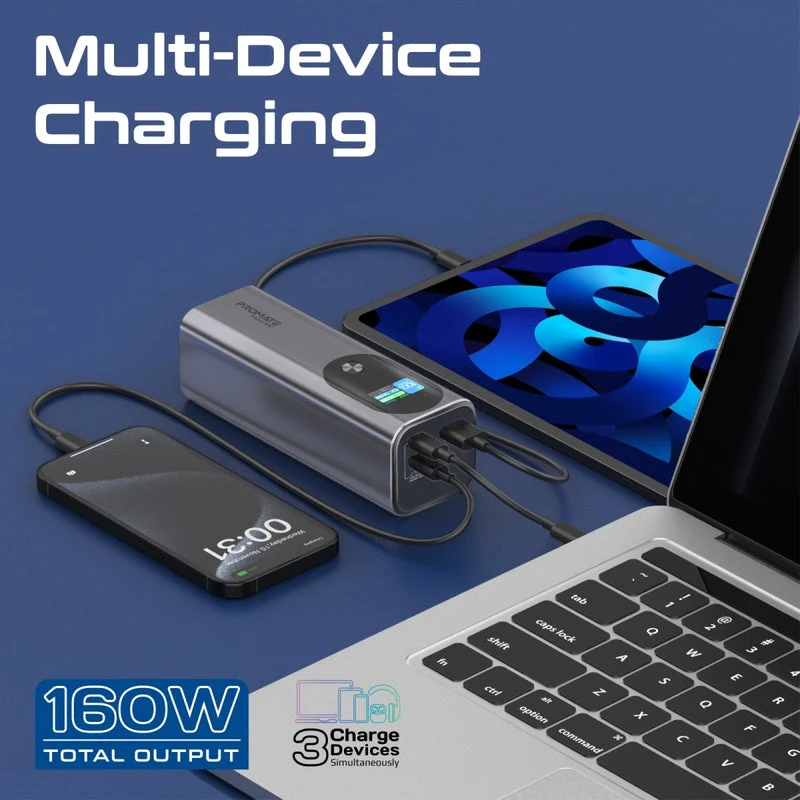 Promate Titan-160 27600mAh Ultra-Compact 160W Multi-Port PD 3.1 Power Bank with TFT LCD Screen