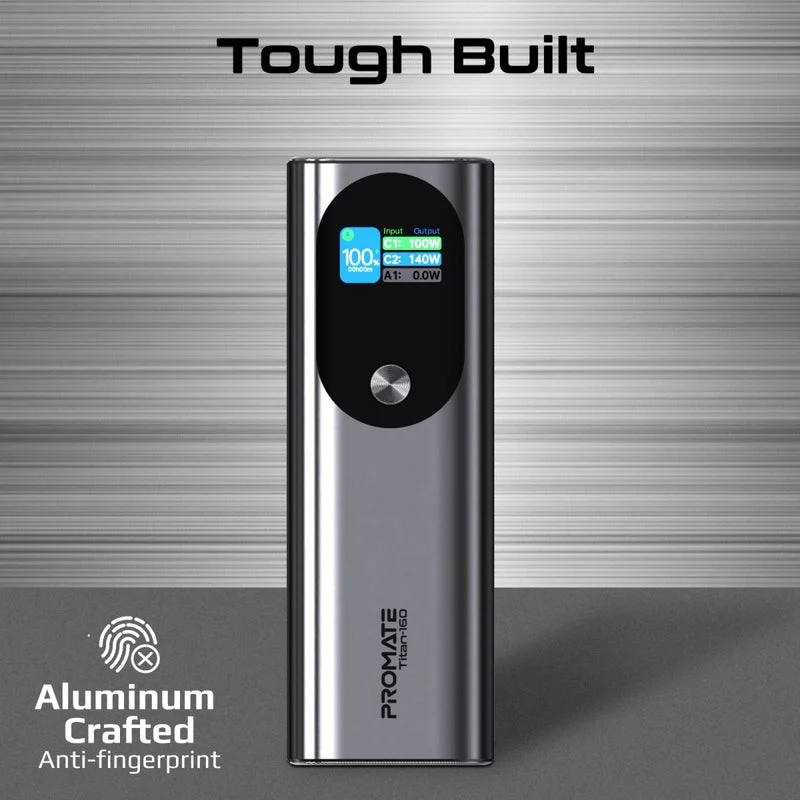 Promate Titan-160 27600mAh Ultra-Compact 160W Multi-Port PD 3.1 Power Bank with TFT LCD Screen