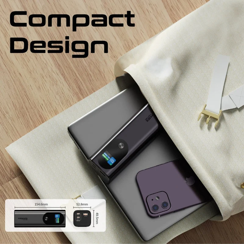 Promate Titan-160 27600mAh Ultra-Compact 160W Multi-Port PD 3.1 Power Bank with TFT LCD Screen