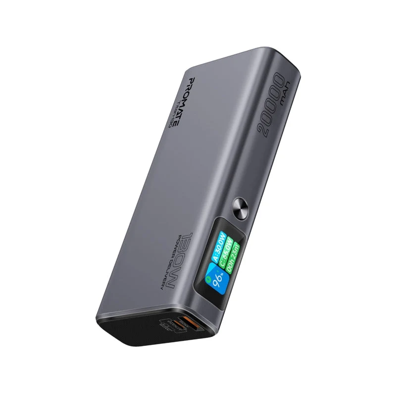 Promate Titan-130 20000mAh Sleek 130W Multi-Port Power Delivery Power Bank with TFT LCD Screen
