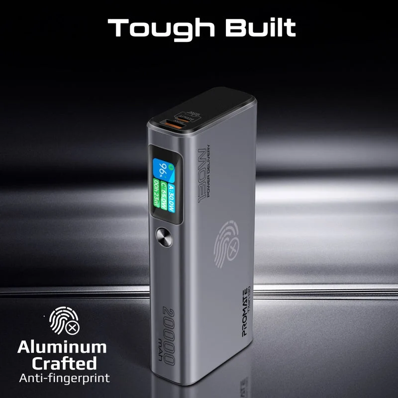 Promate Titan-130 20000mAh Sleek 130W Multi-Port Power Delivery Power Bank with TFT LCD Screen