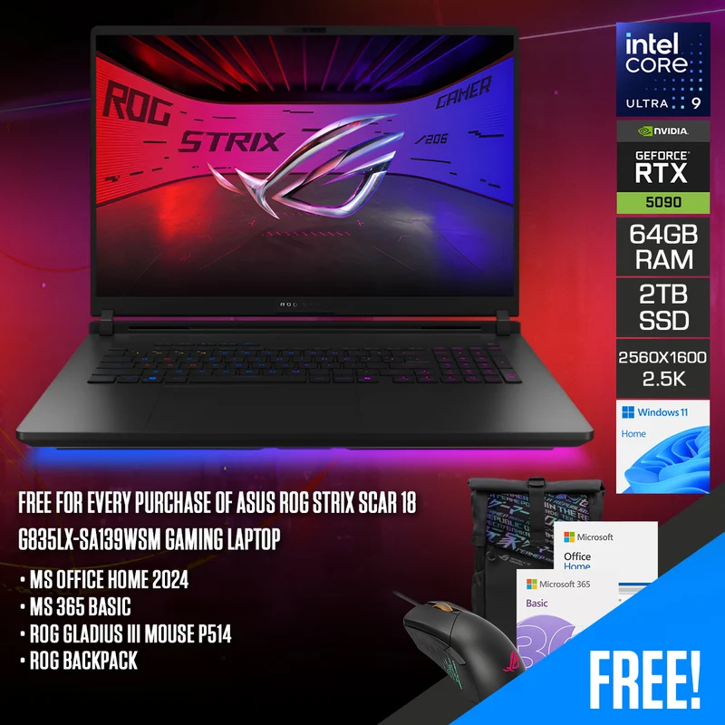Asus ROG Strix Scar 18 G835LX-SA139WSM Gaming Laptop | 18" 2.5K (2560 x 1600) Mini LED 240Hz | Intel Core Ultra 9 275HX | 64GB RAM | 2TB SSD | RTX 5090 | Windows 11 Home | MS Office Home 2024 + MS 365 Basic + ROG Backpack + ROG Gladius III Mouse P514
