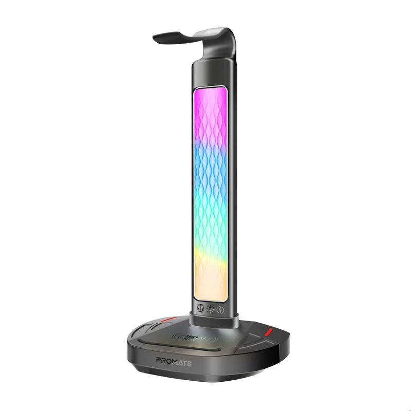 Promate FortX Multifunctional RGB Headset Stand with 15W Wireless Charger & USB Hub