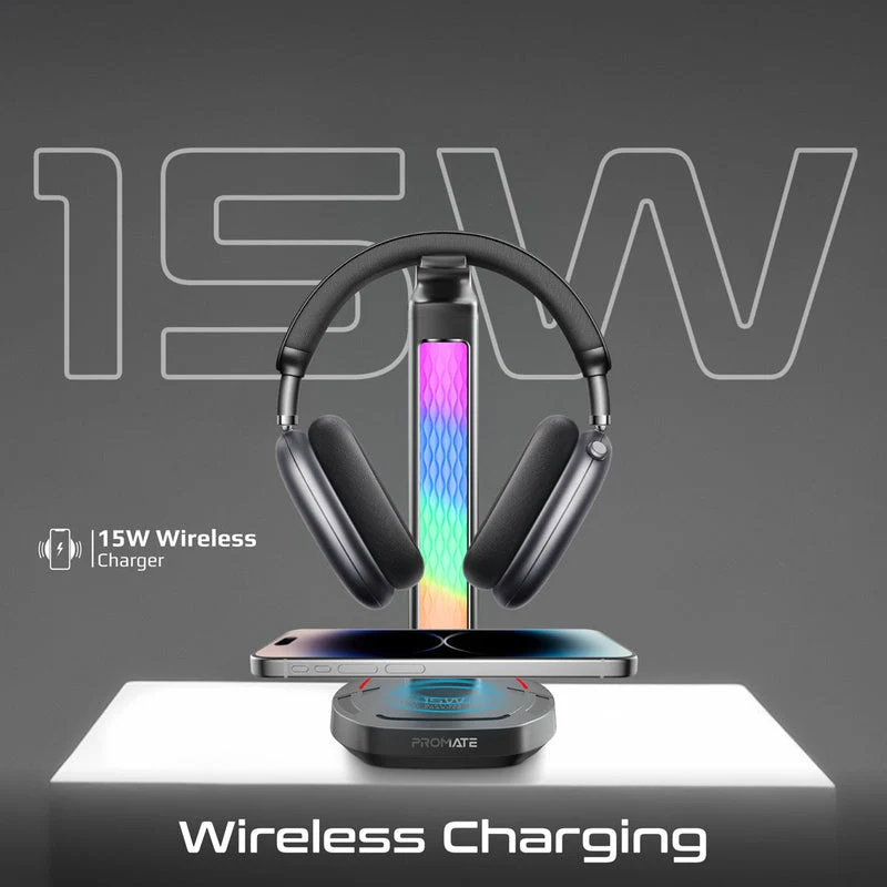 Promate FortX Multifunctional RGB Headset Stand with 15W Wireless Charger & USB Hub