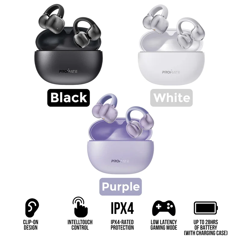 Promate AirClip AudioFit Open Ear Clip On TWS Earbuds With IntelliTouch (Black, Purple, White)