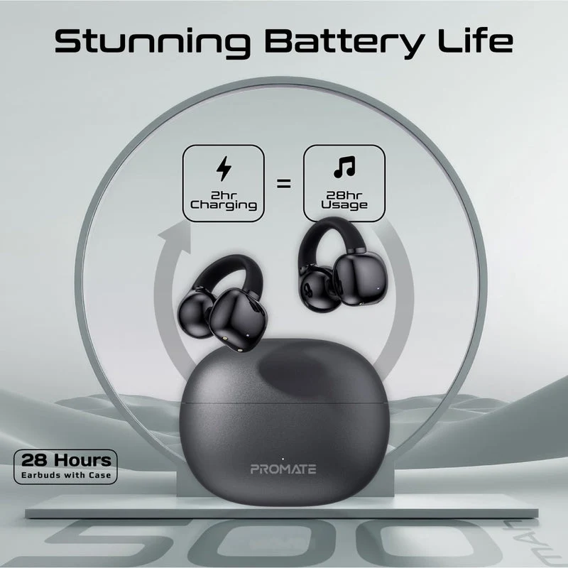 Promate AirClip AudioFit Open Ear Clip On TWS Earbuds With IntelliTouch (Black, Purple, White)