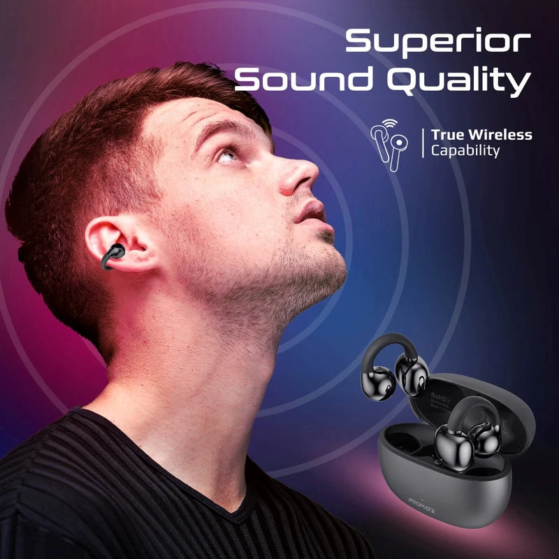 Promate AirClip AudioFit Open Ear Clip On TWS Earbuds With IntelliTouch (Black, Purple, White)