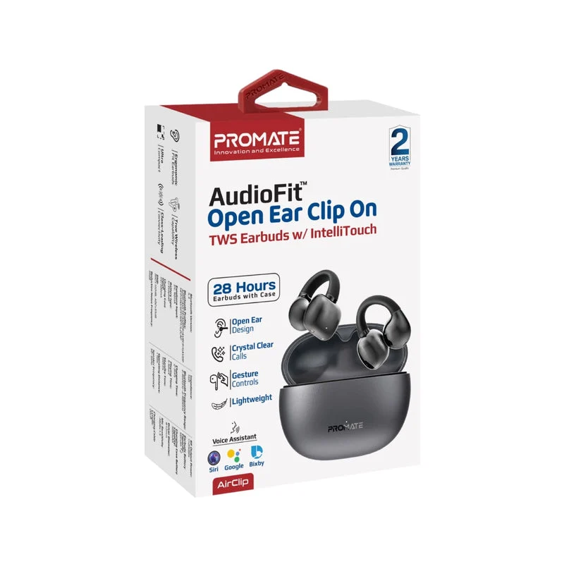 Promate AirClip AudioFit Open Ear Clip On TWS Earbuds With IntelliTouch (Black, Purple, White)