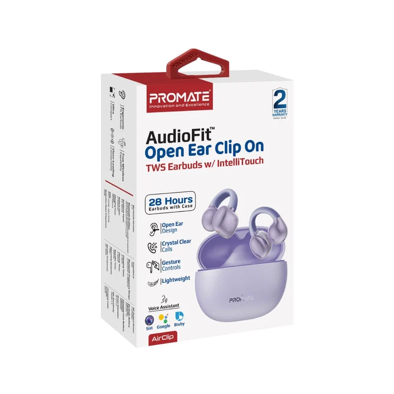 Promate AirClip AudioFit Open Ear Clip On TWS Earbuds With IntelliTouch (Black, Purple, White)