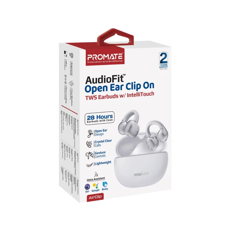Promate AirClip AudioFit Open Ear Clip On TWS Earbuds With IntelliTouch (Black, Purple, White)
