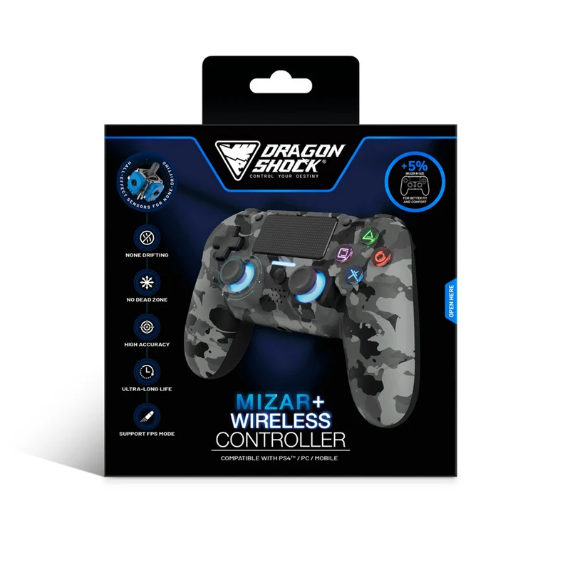 Dragonwar Dragon Shock Mizar+ Wireless Controller Compatible With PS4/PC/Mobile (Black, Grey Camo)