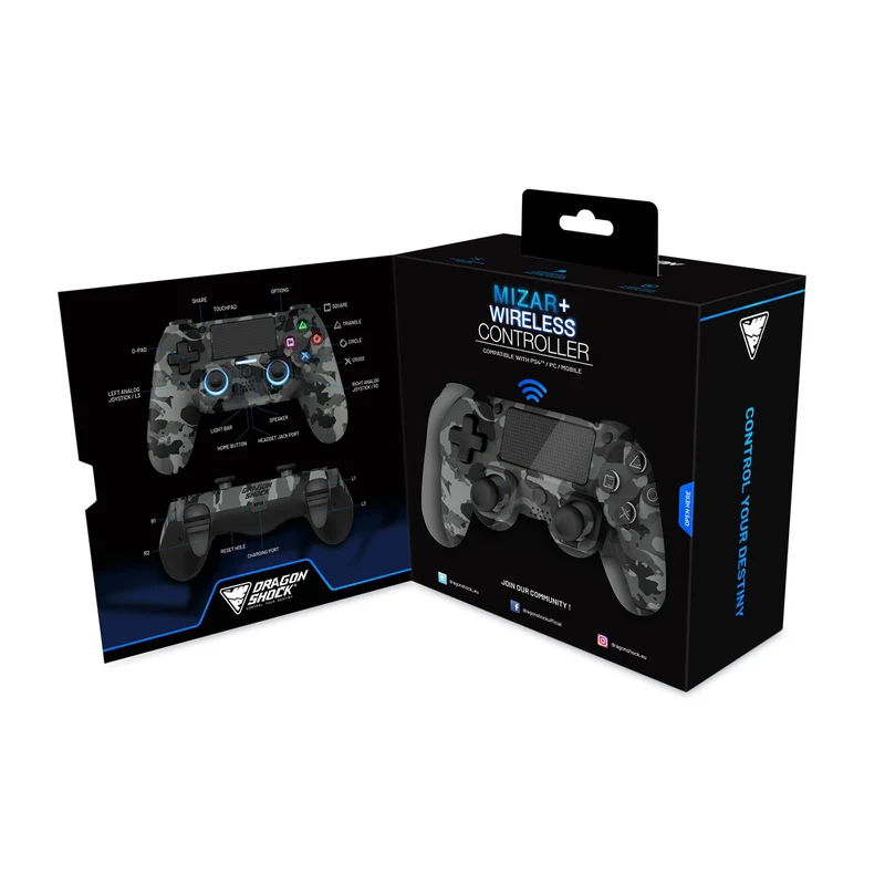 Dragonwar Dragon Shock Mizar+ Wireless Controller Compatible With PS4/PC/Mobile (Black, Grey Camo)