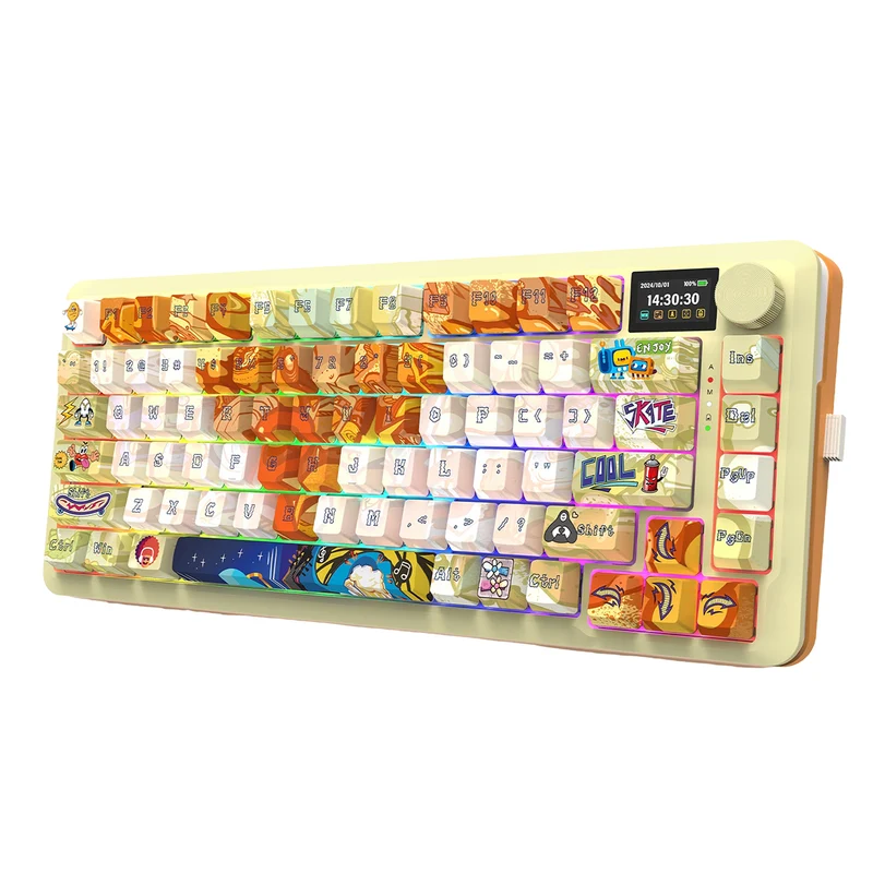 Redragon K708GF RGB Flekact Pro 81 Keys 75% Gasket Mounted Wireless Mechanical Keyboard with Customizable Smart LCD Screen (Doodle Style Design)